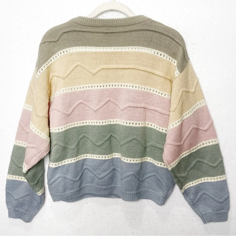 Together! Pastel Stripe Long Sleeve Knitted Grandma Sweater Rare Vintage Find
